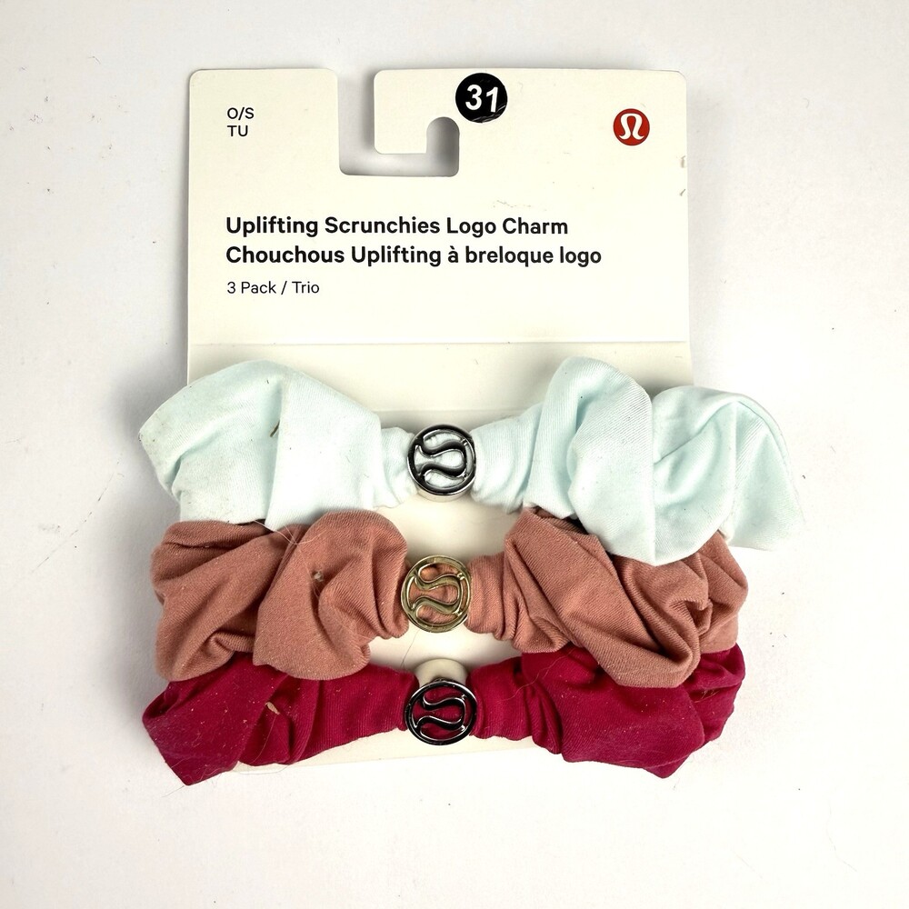 LuLuLemon Uplifting Scrunchies Logo Charm 3 Pack O/S GLZP/ VPOR/ MIBR NEW